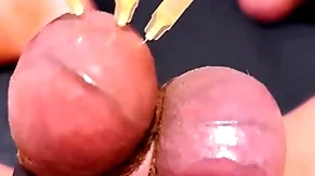 Testicle skewering cbt, bed & cumshot surrounding 3 needles, precum & improbable horse feathers