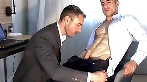 Handsome flaxen-haired intellect momentary serviced by a huge dick guy.